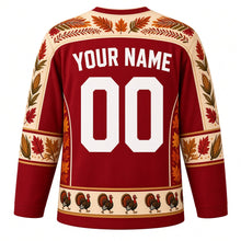 Load image into Gallery viewer, Ugly Thanksgiving Strutting Turkey Hockey Jersey in Cranberry Red, back view with a feather-and-acorn yoke, feather and corn sleeve bands, strutting-turkey hem band, arched YOUR NAME lettering and 00 – custom name and number