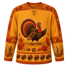 Load image into Gallery viewer, Ugly Thanksgiving Strutting Turkey Hockey Jersey in Golden Wheat, front view – golden wheat body with burnt orange yoke with a round cartoon strutting turkey crest with a fanned autumn tail on a wheat field, feather-and-acorn yoke, feather and corn sleeve bands and a strutting-turkey hem band – custom name and number