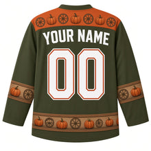 Load image into Gallery viewer, Ugly Thanksgiving Pumpkin Wagon Haul Hockey Jersey in Olive Green, back view with a wagon-wheel and pumpkin yoke, wooden-plank bands with pumpkins on the sleeves and hem, arched YOUR NAME lettering and 00 – custom name and number