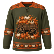 Load image into Gallery viewer, Ugly Thanksgiving Pumpkin Wagon Haul Hockey Jersey in Olive Green, front view – olive green body with rust orange yoke with a wooden spoked-wheel wagon full of orange and white pumpkins with autumn leaves, wagon-wheel and pumpkin yoke, wagon-wheel and pumpkin sleeve bands and a pumpkin hem band – custom name and number