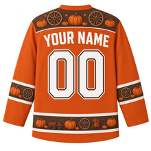 Load image into Gallery viewer, Ugly Thanksgiving Pumpkin Wagon Haul Hockey Jersey in Rust Orange, back view with a wagon-wheel and pumpkin yoke, wooden-plank bands with pumpkins on the sleeves and hem, arched YOUR NAME lettering and 00 – custom name and number