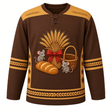 Load image into Gallery viewer, Ugly Thanksgiving Golden Wheat Sheaf Hockey Jersey in Toasted Brown, front view – toasted brown body with golden wheat yoke with a round golden wheat sheaf crest tied with a red bow beside a braided bread loaf, a grain basket and two field mice, wheat-ear yoke, braided-wheat sleeve bands and a wheat-bundle hem band – custom name and number