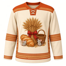 Load image into Gallery viewer, Ugly Thanksgiving Golden Wheat Sheaf Hockey Jersey in Harvest Cream, front view – harvest cream body with rust orange yoke with a round golden wheat sheaf crest tied with a red bow beside a braided bread loaf, a grain basket and two field mice, wheat-ear yoke, braided-wheat sleeve bands and a wheat-bundle hem band – custom name and number