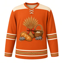 Load image into Gallery viewer, Ugly Thanksgiving Golden Wheat Sheaf Hockey Jersey in Rust Orange, front view – rust orange body with a plain cream yoke with a round golden wheat sheaf crest tied with a red bow beside a braided bread loaf, a grain basket and two field mice, braided-wheat sleeve bands and a wheat-bundle hem band – custom name and number