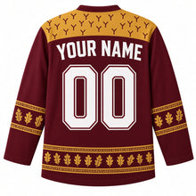 Load image into Gallery viewer, Ugly Thanksgiving Wishbone Wish Hockey Jersey in Burgundy, back view with a gold yoke of small Y-shaped wishbone marks, oak-leaf sleeve bands, an oak-leaf hem band, YOUR NAME lettering and 00 – custom name and number