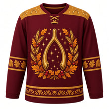 Load image into Gallery viewer, Ugly Thanksgiving Wishbone Wish Hockey Jersey in Burgundy, front view – big golden wishbone with sparkles and tiny stars inside an oak-leaf, wheat and cranberry wreath, gold yoke, oak-leaf sleeve bands and a leaf hem band – custom name and number