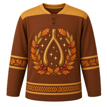 Load image into Gallery viewer, Ugly Thanksgiving Wishbone Wish Hockey Jersey in Cinnamon Brown, front view – big golden wishbone with sparkles inside an oak-leaf, wheat and cranberry wreath, gold yoke, leaf sleeve bands and a woven hem band – custom name and number