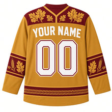 Load image into Gallery viewer, Ugly Thanksgiving Wishbone Wish Hockey Jersey in Burnished Gold, back view with an oak-leaf and wheat burgundy yoke, oak-leaf sleeve bands, a patterned hem band, YOUR NAME lettering and 00 – custom name and number
