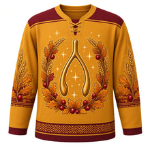 Load image into Gallery viewer, Ugly Thanksgiving Wishbone Wish Hockey Jersey in Burnished Gold, front view – big golden wishbone with sparkles inside an oak-leaf, wheat and cranberry wreath, burgundy yoke, wheat-and-leaf sleeve art panels and a woven hem band – custom name and number