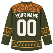 Load image into Gallery viewer, Ugly Thanksgiving Wishbone Wish Hockey Jersey in Olive Green, back view with a single wishbone in an autumn-leaf yoke, wheat sleeve bands, a wishbone hem band, YOUR NAME lettering and 00 – custom name and number