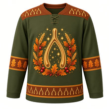 Load image into Gallery viewer, Ugly Thanksgiving Wishbone Wish Hockey Jersey in Olive Green, front view – big golden wishbone with sparkles inside an oak-leaf, wheat and cranberry wreath, cinnamon yoke, leaf sleeve bands and a wishbone hem band – custom name and number