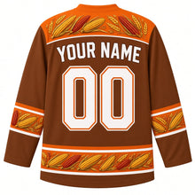 Load image into Gallery viewer, Ugly Thanksgiving Calico Corn Wreath Hockey Jersey in Chestnut Brown, back view with a yoke of calico corn ears and wheat, corn-and-wheat sleeve bands and hem band, arched YOUR NAME lettering and 00 – custom name and number