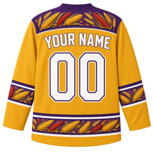 Load image into Gallery viewer, Ugly Thanksgiving Calico Corn Wreath Hockey Jersey in Harvest Gold, back view with a yoke of calico corn ears and wheat, corn-and-wheat sleeve bands and hem band, arched YOUR NAME lettering and 00 – custom name and number