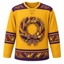 Load image into Gallery viewer, Ugly Thanksgiving Calico Corn Wreath Hockey Jersey in Harvest Gold, front view – harvest gold body with plum purple yoke with a round wreath of speckled red, purple and gold calico corn ears, wheat stalks and small gourds tied with a plaid bow, a wheat-sprig yoke and calico corn and gourd sleeve and hem bands – custom name and number