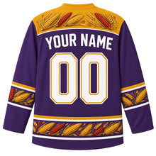 Load image into Gallery viewer, Ugly Thanksgiving Calico Corn Wreath Hockey Jersey in Plum Purple, back view with a yoke of calico corn ears and wheat, corn-and-wheat sleeve bands and hem band, arched YOUR NAME lettering and 00 – custom name and number