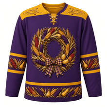Load image into Gallery viewer, Ugly Thanksgiving Calico Corn Wreath Hockey Jersey in Plum Purple, front view – plum purple body with harvest gold yoke with a round wreath of speckled red, purple and gold calico corn ears, wheat stalks and small gourds tied with a plaid bow, a wheat-sprig yoke and calico corn and gourd sleeve and hem bands – custom name and number