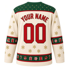 Load image into Gallery viewer, Ugly Christmas Advent Calendar Countdown Hockey Jersey in Candlelight Cream, back view with a star-dotted yoke, sleeve and hem bands of tiny doors, gifts, peppermints and candy canes, arched YOUR NAME lettering and 00 – custom name and number