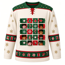 Load image into Gallery viewer, Ugly Christmas Advent Calendar Countdown Hockey Jersey in Candlelight Cream, front view – candlelight cream body with a green star-dotted yoke with an advent calendar grid of 20 little doors with stars, trees, bells, hearts, candy canes, peppermints, cookies and gifts, sleeve and hem bands of tiny doors, gifts and peppermints – custom name and number