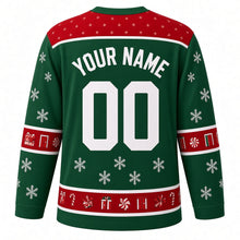 Load image into Gallery viewer, Ugly Christmas Advent Calendar Countdown Hockey Jersey in Pine Green, back view with a star-dotted yoke, sleeve and hem bands of tiny doors, gifts, peppermints and candy canes, arched YOUR NAME lettering and 00 – custom name and number