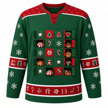 Load image into Gallery viewer, Ugly Christmas Advent Calendar Countdown Hockey Jersey in Pine Green, front view – pine green body with a red star-dotted yoke with an advent calendar grid of 20 little doors with stars, trees, bells, hearts, candy canes, peppermints, cookies and gifts, sleeve and hem bands of tiny doors, gifts and peppermints – custom name and number