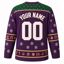 Load image into Gallery viewer, Ugly Christmas Advent Calendar Countdown Hockey Jersey in Sugarplum Purple, back view with a star-dotted yoke, sleeve and hem bands of tiny doors, gifts, peppermints and candy canes, arched YOUR NAME lettering and 00 – custom name and number