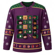 Load image into Gallery viewer, Ugly Christmas Advent Calendar Countdown Hockey Jersey in Sugarplum Purple, front view – sugarplum purple body with a green star-dotted yoke with an advent calendar grid of 20 little doors with stars, trees, bells, hearts, candy canes, peppermints, cookies and gifts, sleeve and hem bands of tiny doors, gifts and peppermints – custom name and number