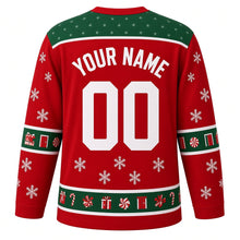 Load image into Gallery viewer, Ugly Christmas Advent Calendar Countdown Hockey Jersey in Holly Red, back view with a star-dotted yoke, sleeve and hem bands of tiny doors, gifts, peppermints and candy canes, arched YOUR NAME lettering and 00 – custom name and number