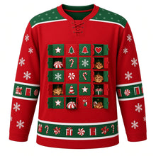 Load image into Gallery viewer, Ugly Christmas Advent Calendar Countdown Hockey Jersey in Holly Red, front view – holly red body with a green star-dotted yoke with an advent calendar grid of 20 little doors with stars, trees, bells, hearts, candy canes, peppermints, cookies and gifts, sleeve and hem bands of tiny doors, gifts and peppermints – custom name and number