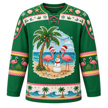 Load image into Gallery viewer, Ugly Christmas Tropical Beach Christmas Hockey Jersey in Palm Green, front view – palm green body with a light-strung palm tree, two flamingos in red festive hats and a snowman on the sand, starfish-and-seashell yoke, flamingo sleeve bands and a palm-tree-and-wave hem band – custom name and number
