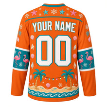 Load image into Gallery viewer, Ugly Christmas Tropical Beach Christmas Hockey Jersey in Sunset Orange, back view with a starfish and seashell yoke, flamingo sleeve bands, a beach hem band of palm trees, string lights and waves, arched YOUR NAME lettering and 00 – custom name and number