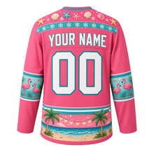 Load image into Gallery viewer, Ugly Christmas Tropical Beach Christmas Hockey Jersey in Flamingo Pink, back view with a starfish and seashell yoke, flamingo sleeve bands, a beach hem band of palm trees, string lights and waves, arched YOUR NAME lettering and 00 – custom name and number