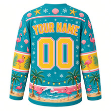 Load image into Gallery viewer, Ugly Christmas Tropical Beach Christmas Hockey Jersey in Tropical Teal, back view with a starfish and seashell yoke, flamingo sleeve bands, a beach hem band of light-strung palm trees, flamingos and a curling wave, arched YOUR NAME lettering and 00 – custom name and number