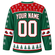 Load image into Gallery viewer, Ugly Christmas Bobsled Snow Run Hockey Jersey in Pine Green, back view with a red candy-cane yoke, snowflake sleeves with bobsled elbow bands, a pine tree hem band and white YOUR NAME and 00 trimmed in red – your name and number