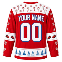 Load image into Gallery viewer, Ugly Christmas Bobsled Snow Run Hockey Jersey in Candy Red, back view with a white candy-cane yoke, bobsled elbow bands, a blue pine tree hem band and white YOUR NAME and 00 trimmed in blue – your name and number