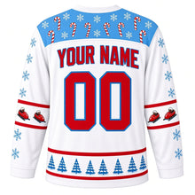 Load image into Gallery viewer, Ugly Christmas Bobsled Snow Run Hockey Jersey in Frost White, back view with an ice blue candy-cane yoke, bobsled elbow bands, a blue pine tree hem band and red YOUR NAME and 00 trimmed in blue – your name and number