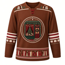 Load image into Gallery viewer, Ugly Christmas Cozy Bookshop Noel Hockey Jersey in Leather Brown, front view – round crest with stars of a warm bookshop window, lit Christmas tree, book stacks, string lights and a red door with a wreath, stacked-book and tiny-tree yoke, red-striped open-book elbow bands and a hem band of red and cream book spines with tiny trees – custom name and number