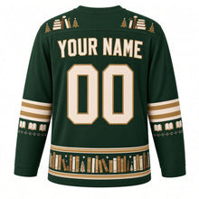 Load image into Gallery viewer, Ugly Christmas Cozy Bookshop Noel Hockey Jersey in Library Green, back view with a stacked-book and tiny-tree yoke, gold-striped open-book sleeve bands, a gold-trimmed book-spine hem band, cream YOUR NAME and 00 – your name and number