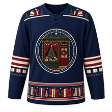 Load image into Gallery viewer, Ugly Christmas Cozy Bookshop Noel Hockey Jersey in Ink Navy, front view – starry round crest of a holiday bookshop front with a decorated tree in the window, stacked books, twinkling string lights and a wreathed red door, stacked-book yoke, red-striped open-book elbow bands and a red-trimmed book-spine hem band with trees and stars – custom name and number