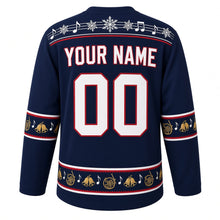 Load image into Gallery viewer, Ugly Christmas Brass Band Carols Hockey Jersey in Midnight Navy, back view with a music-staff yoke, french horn, jingle bell and note sleeve and hem bands, arched YOUR NAME lettering and 00 – custom name and number