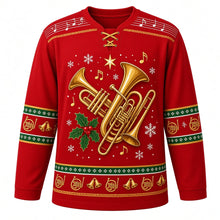 Load image into Gallery viewer, Ugly Christmas Brass Band Carols Hockey Jersey in Royal Red, front view – royal red body with a music-staff yoke with free-standing art of a gold trumpet, trombone and tuba with a holly sprig, star and music notes, plus french horn, jingle bell and note bands – custom name and number