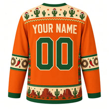 Load image into Gallery viewer, Ugly Christmas Desert Cactus Christmas Hockey Jersey in Sunset Orange, back view with a cream Santa-hat cactus yoke, chili pepper and wreath sleeve bands, a saguaro and red rock hem band, cream YOUR NAME and green 00 – your name and number
