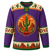 Load image into Gallery viewer, Ugly Christmas Desert Cactus Christmas Hockey Jersey in Twilight Purple, front view – saguaro Christmas tree with ornaments and a gold star in a sunset desert crest with red buttes, twig wreath and red bow, cream Santa-hat cactus yoke with orange trim, chili and wreath sleeve bands and a desert mesa hem band – custom name and number