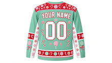Load image into Gallery viewer, Ugly Christmas Candy Cane Lane Hockey Jersey in Spearmint Green, back view with arched YOUR NAME lettering, a big 00 and a peppermint yoke, candy sleeve bands and peppermint hem band – custom name and number