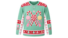 Load image into Gallery viewer, Ugly Christmas Candy Cane Lane Hockey Jersey in Spearmint Green, front view – spearmint green body with white side panels and red peppermint swirls – crossed giant candy canes over a peppermint swirl with lollipops, peppermint yoke, candy sleeve bands and peppermint hem band – custom name and number