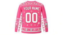 Load image into Gallery viewer, Ugly Christmas Candy Cane Lane Hockey Jersey in Bubblegum Pink, back view with arched YOUR NAME lettering, a big 00 and a peppermint yoke, candy sleeve bands and peppermint hem band – custom name and number