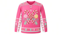 Load image into Gallery viewer, Ugly Christmas Candy Cane Lane Hockey Jersey in Bubblegum Pink, front view – bubblegum pink body with white side panels and peppermint swirls – crossed giant candy canes over a peppermint swirl with lollipops, peppermint yoke, candy sleeve bands and peppermint hem band – custom name and number