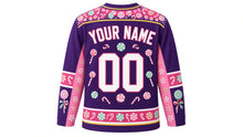 Load image into Gallery viewer, Ugly Christmas Candy Cane Lane Hockey Jersey in Grape Purple, back view with arched YOUR NAME lettering, a big 00 and a peppermint yoke, candy sleeve bands and peppermint hem band – custom name and number