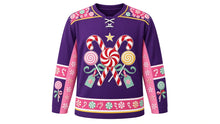 Load image into Gallery viewer, Ugly Christmas Candy Cane Lane Hockey Jersey in Grape Purple, front view – grape purple body with pink side panels and peppermint swirls – crossed giant candy canes over a peppermint swirl with lollipops, peppermint yoke, candy sleeve bands and peppermint hem band – custom name and number