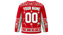 Load image into Gallery viewer, Ugly Christmas Candy Cane Lane Hockey Jersey in Candy Red, back view with arched YOUR NAME lettering, a big 00 and a peppermint yoke, candy sleeve bands and peppermint hem band – custom name and number