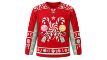 Load image into Gallery viewer, Ugly Christmas Candy Cane Lane Hockey Jersey in Candy Red, front view – candy red body with mint-green side panels and peppermint swirls – crossed giant candy canes over a peppermint swirl with lollipops, peppermint yoke, candy sleeve bands and peppermint hem band – custom name and number